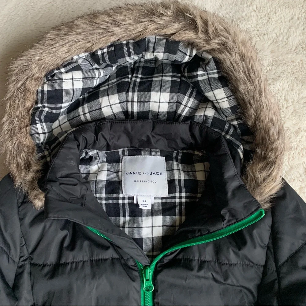 Janie and Jack Black Puffer Winter Coat Faux Fur Hood‎ Size 3-4 Years